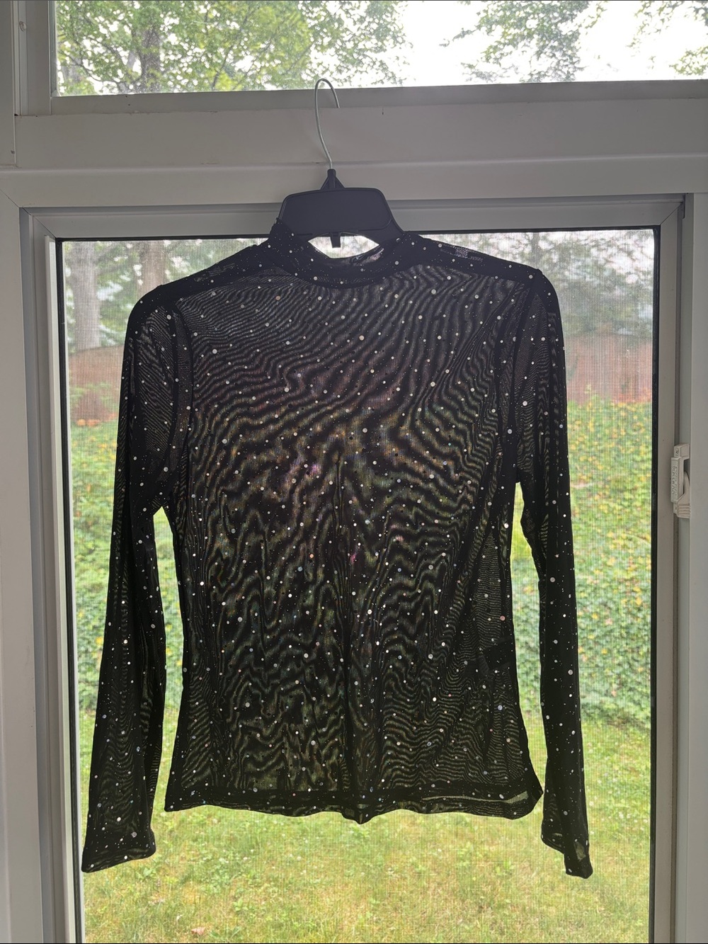 SHEIN Black Sheer Sparkle Mock Neck Long-Sleeve Top
